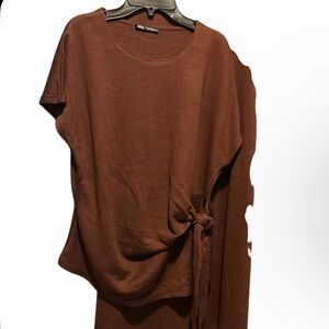 Zara Brown Women's Sweater Top with Side Tie and Skirt Set